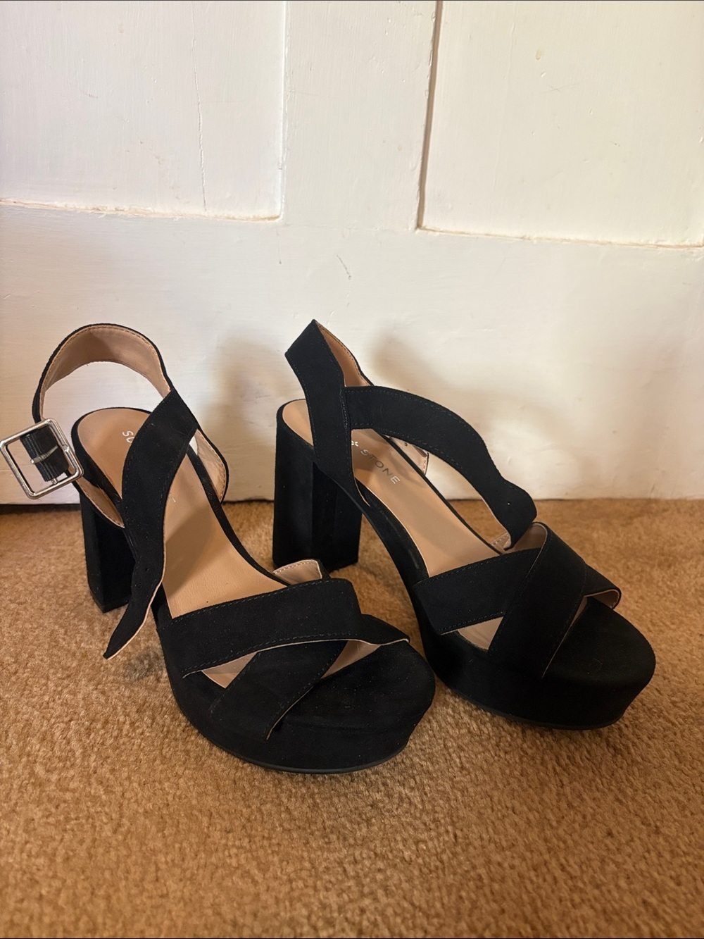Women's Black Suede Block Heel Platform Sandals